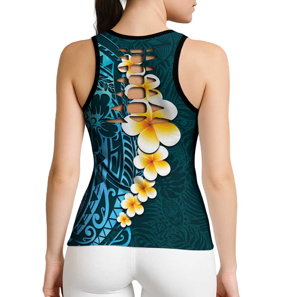 Turquosie Polynesia Hollow Tank Top Plumeria Tropical Leaves Galaxy Polynesian Art - Polynesian Pride