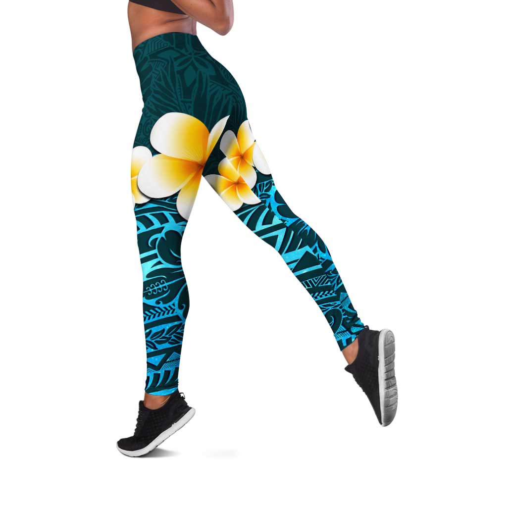 Turquosie Polynesia Leggings Plumeria Tropical Leaves With Galaxy Polynesian Art - Polynesian Pride