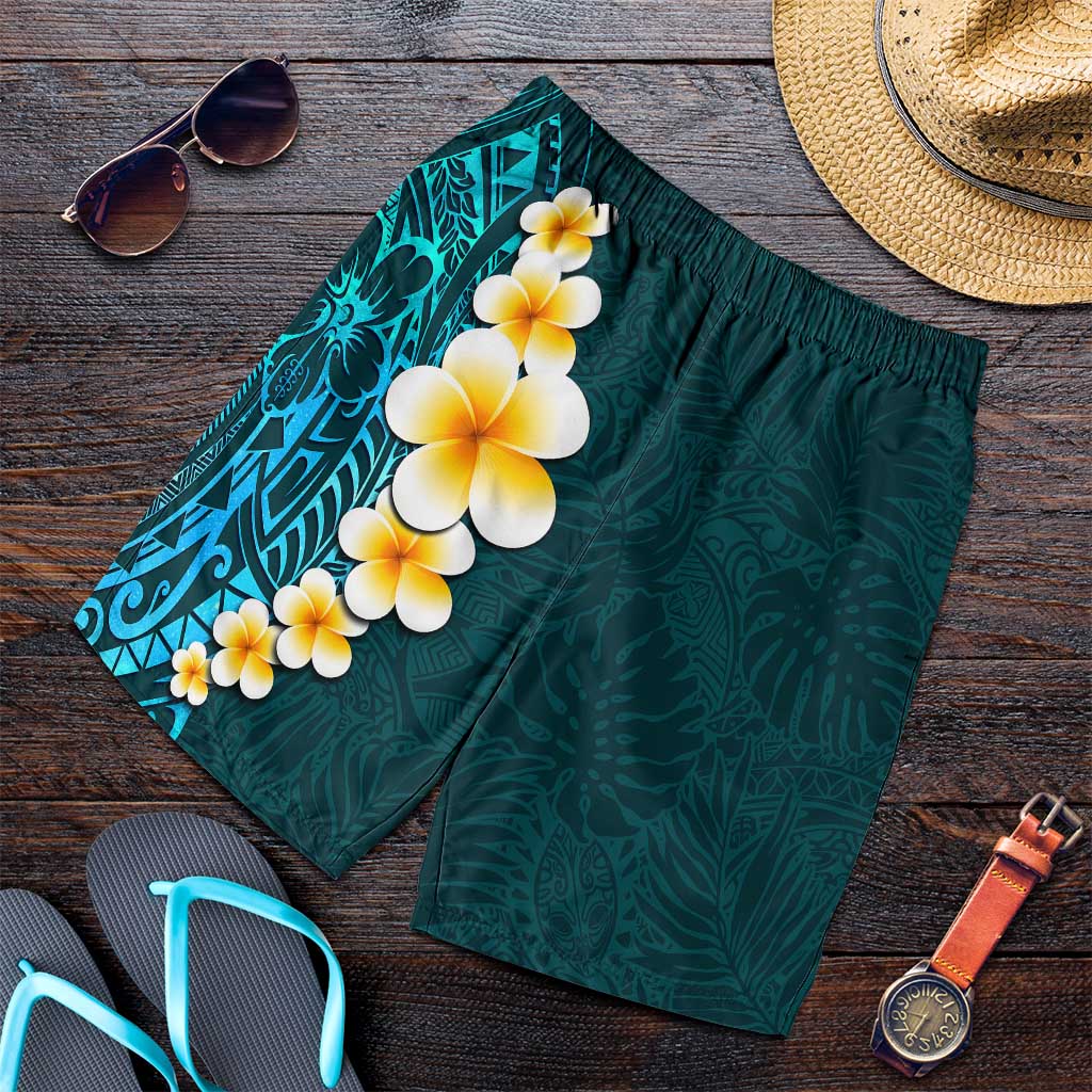 Turquosie Polynesia Shorts for Men Plumeria Tropical Leaves With Galaxy Polynesian Art - Polynesian Pride