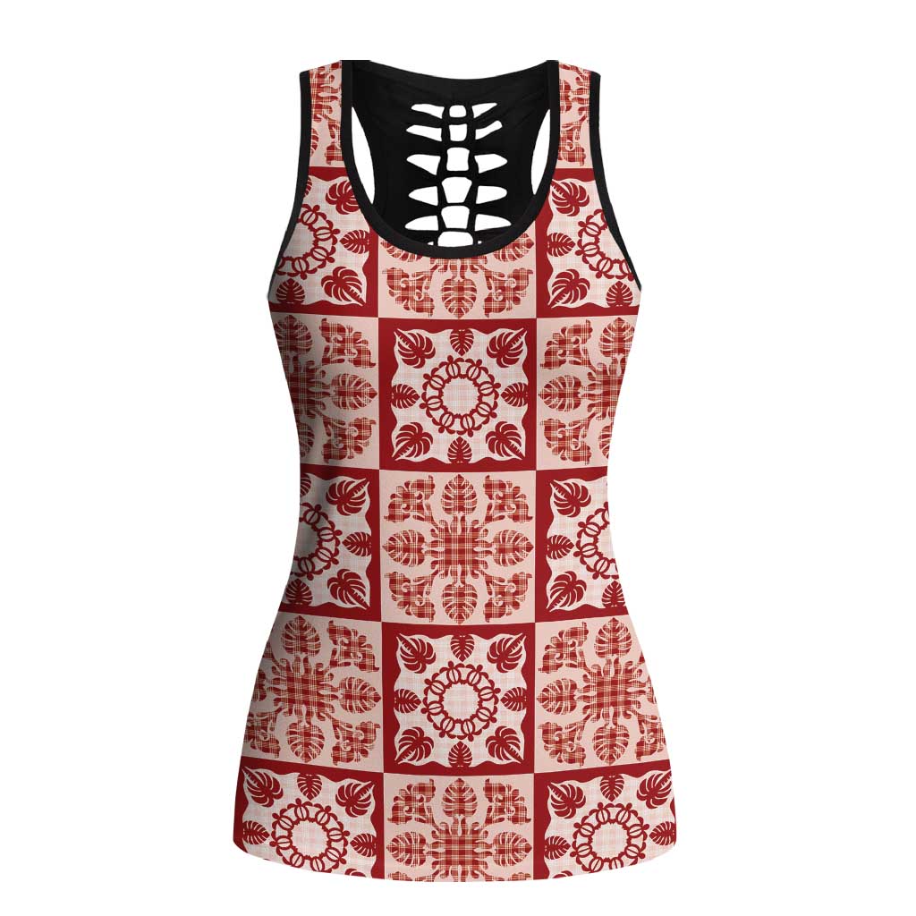 Ulaula Palaka Quilt Hawaii Hollow Tank Top Hawaiian Tropical Monstera Sea Turtle LT14 Female Red - Polynesian Pride