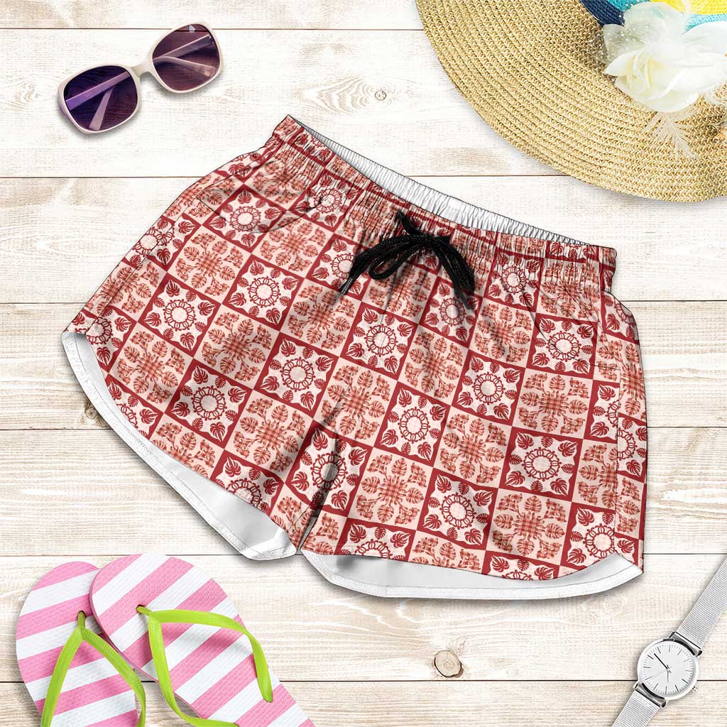 Ulaula Palaka Quilt Hawaii Shorts for Women Hawaiian Tropical Monstera Sea Turtle