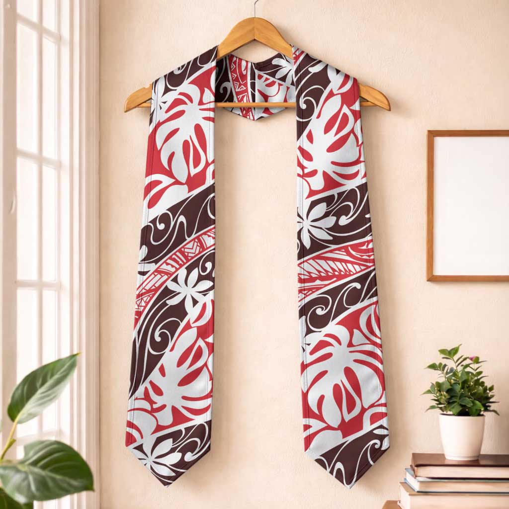 Uteute Tahiti Tiare Monstera Graduation Stole Polynesian Pattern Curve Style LT01 One Size Red - Polynesian Pride
