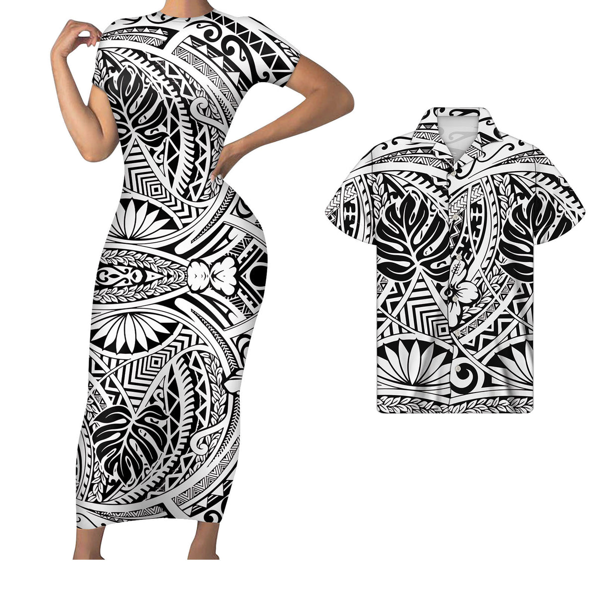 Polynesian Pride White Hawaii Matching Outfit For Couples Tropical Palm Leaf Hawaii Floral Bodycon Dress And Hawaii Shirt - Polynesian Pride