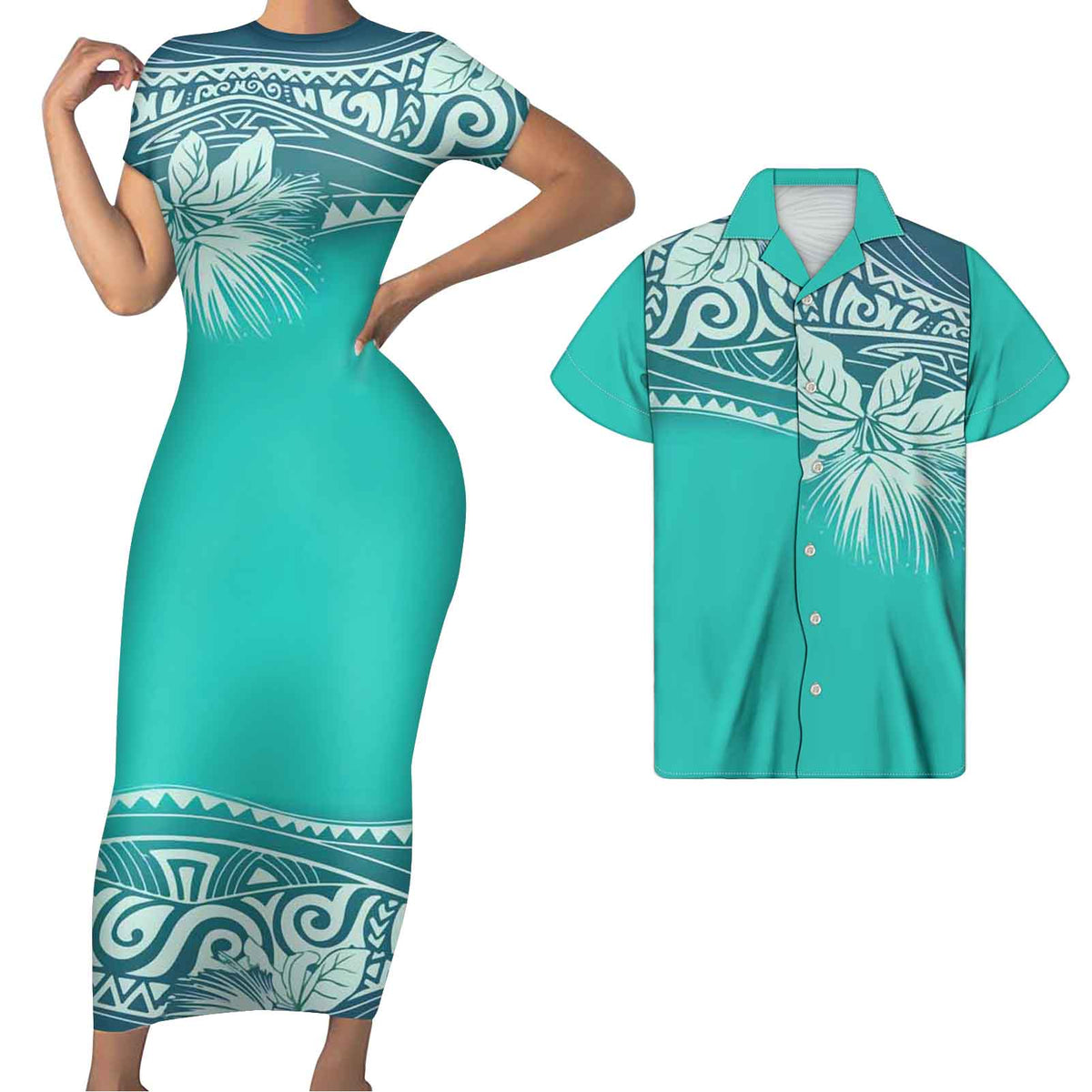 Polynesian Pride Matching Clothes For Couples Hawaii Flowers Pattern Bodycon Dress And Hawaii Shirt - Polynesian Pride