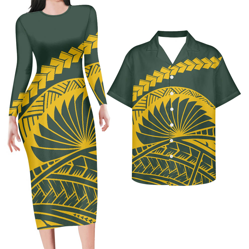 Polynesian Pride Hawaii Matching Outfit For Couples Yellow Polynesian Tribal Pattern Bodycon Dress And Hawaii Shirt - Polynesian Pride