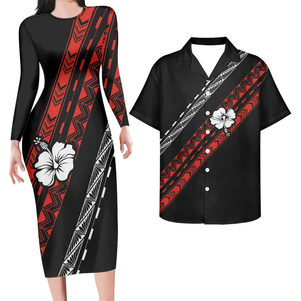Polynesian Pride Hawaii Matching Outfit For Couples Polynesian Tribal Pattern Combine Hawaii Floral Bodycon Dress And Hawaii Shirt - Polynesian Pride
