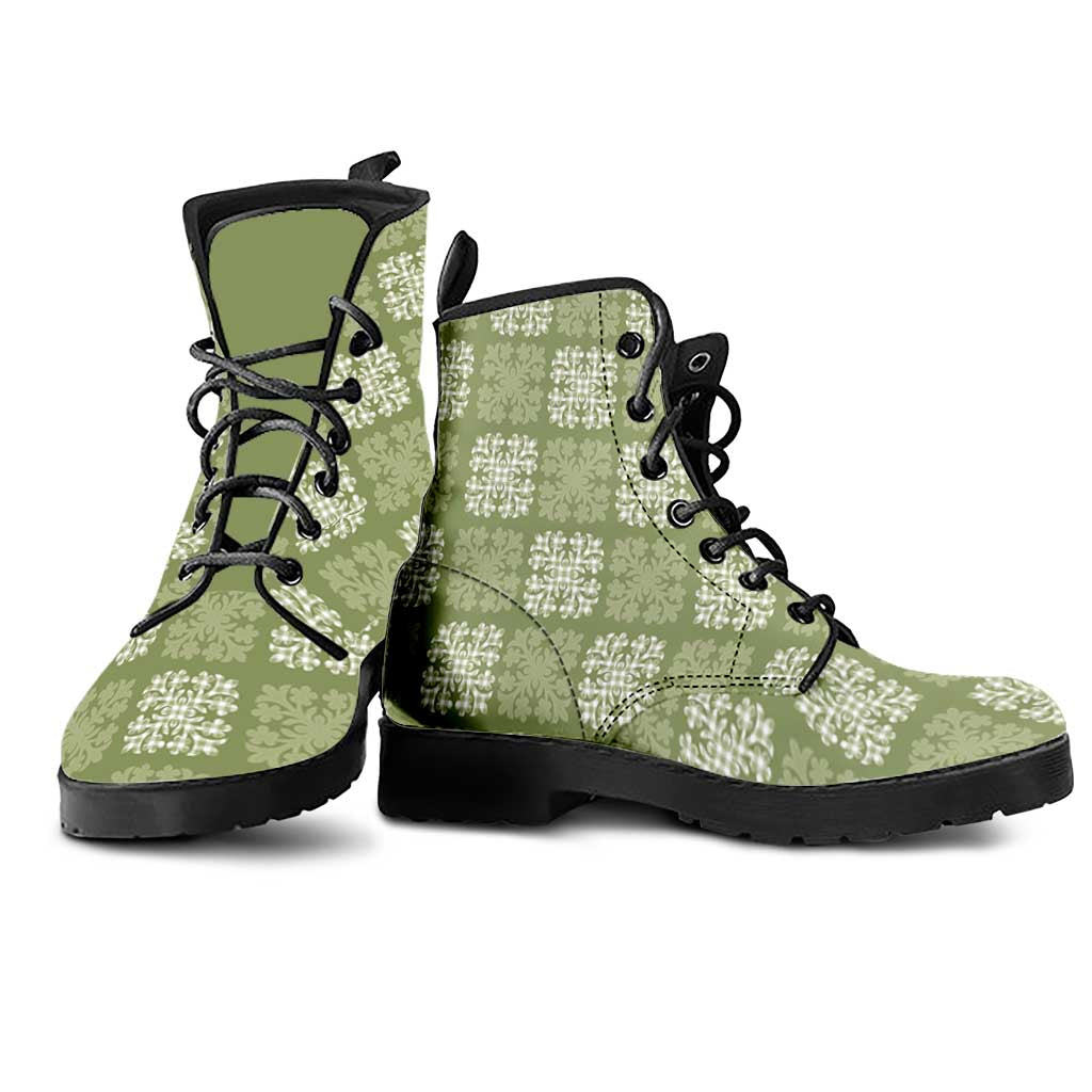 Vesuvian Green Palaka Quilt Hawaii Leather Boots Traditional Hawaii-plaid Pattern - Polynesian Pride