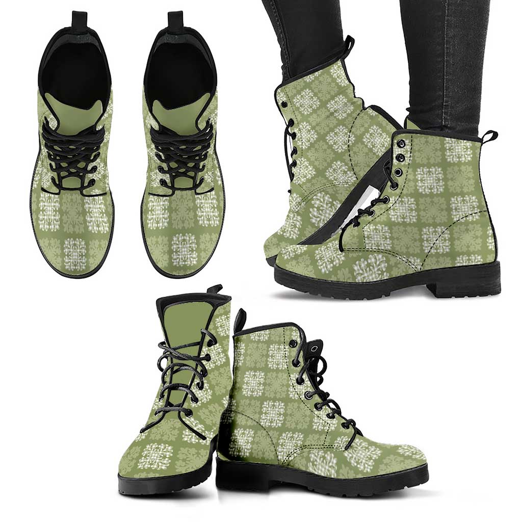 Vesuvian Green Palaka Quilt Hawaii Leather Boots Traditional Hawaii-plaid Pattern - Polynesian Pride