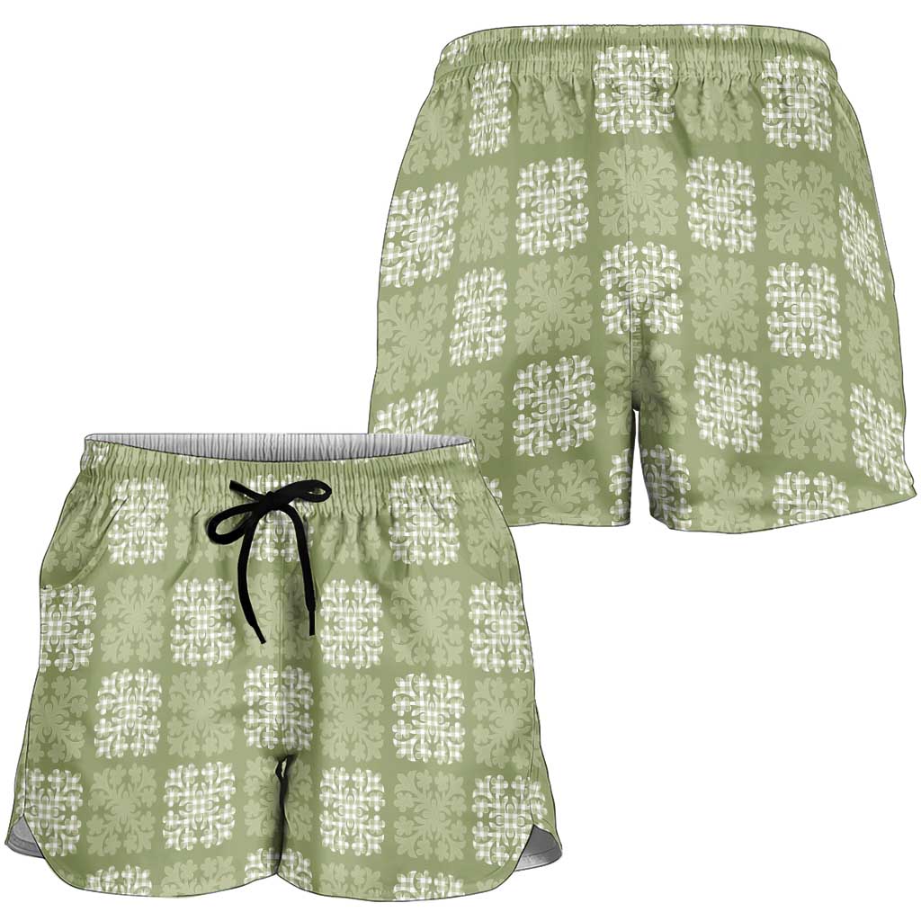 Vesuvian Green Palaka Quilt Hawaii Shorts for Women Traditional Hawaii-plaid Pattern - Polynesian Pride