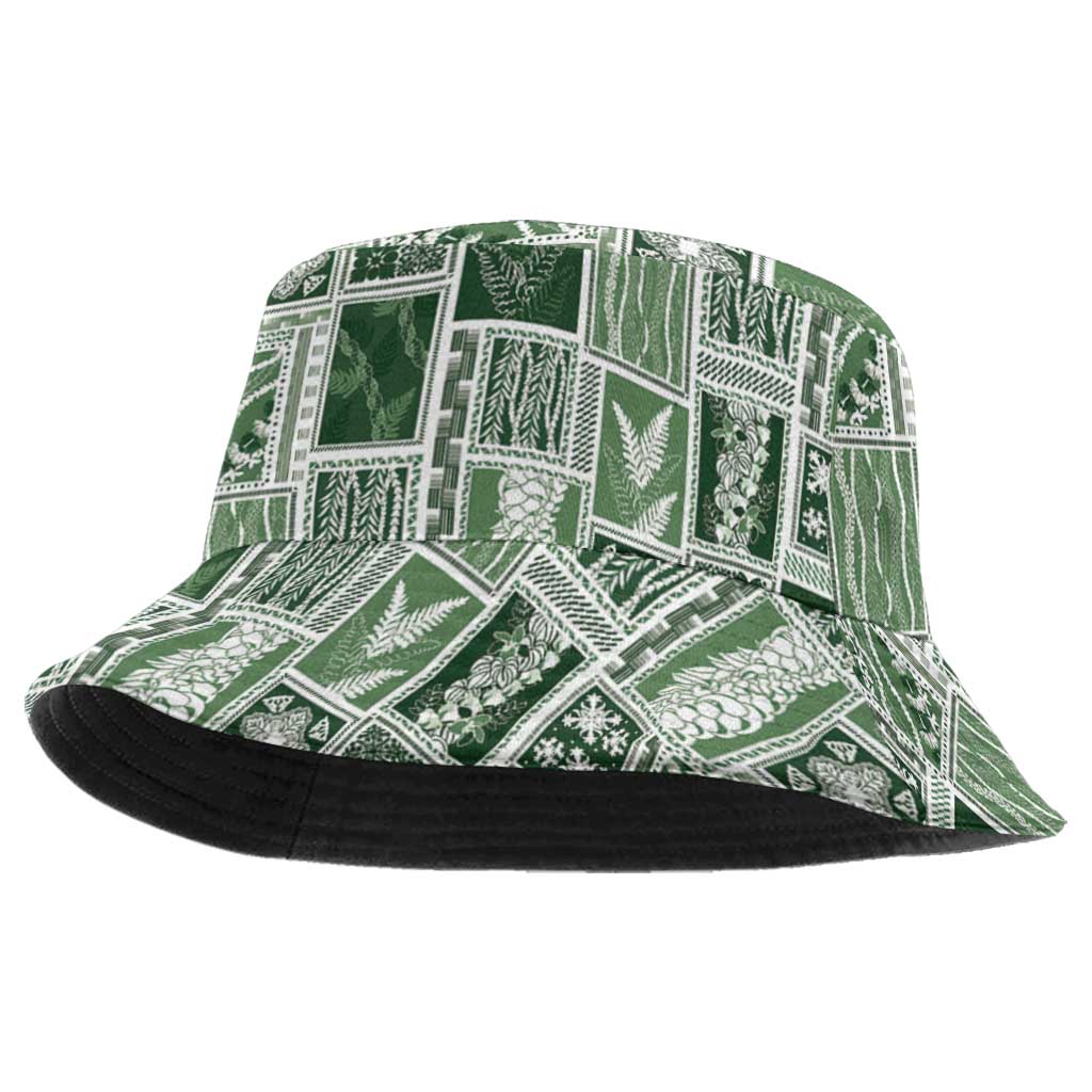 Vintage Aloha Block Quilt Bucket Hat Green Inspired Lei Motifs - Polynesian Pride