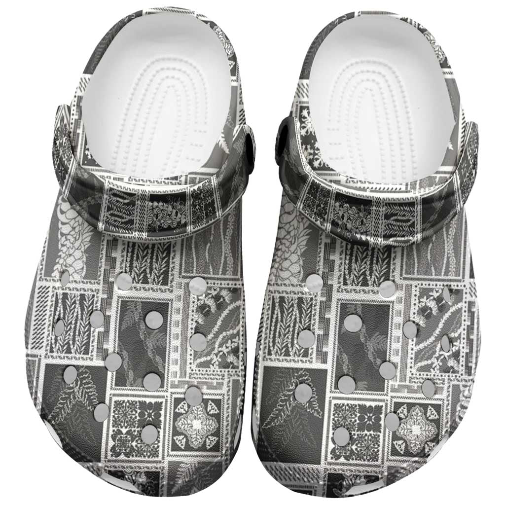 Vintage Aloha Block Quilt Clogs Shoes Black Inspired Lei Motifs - Polynesian Pride