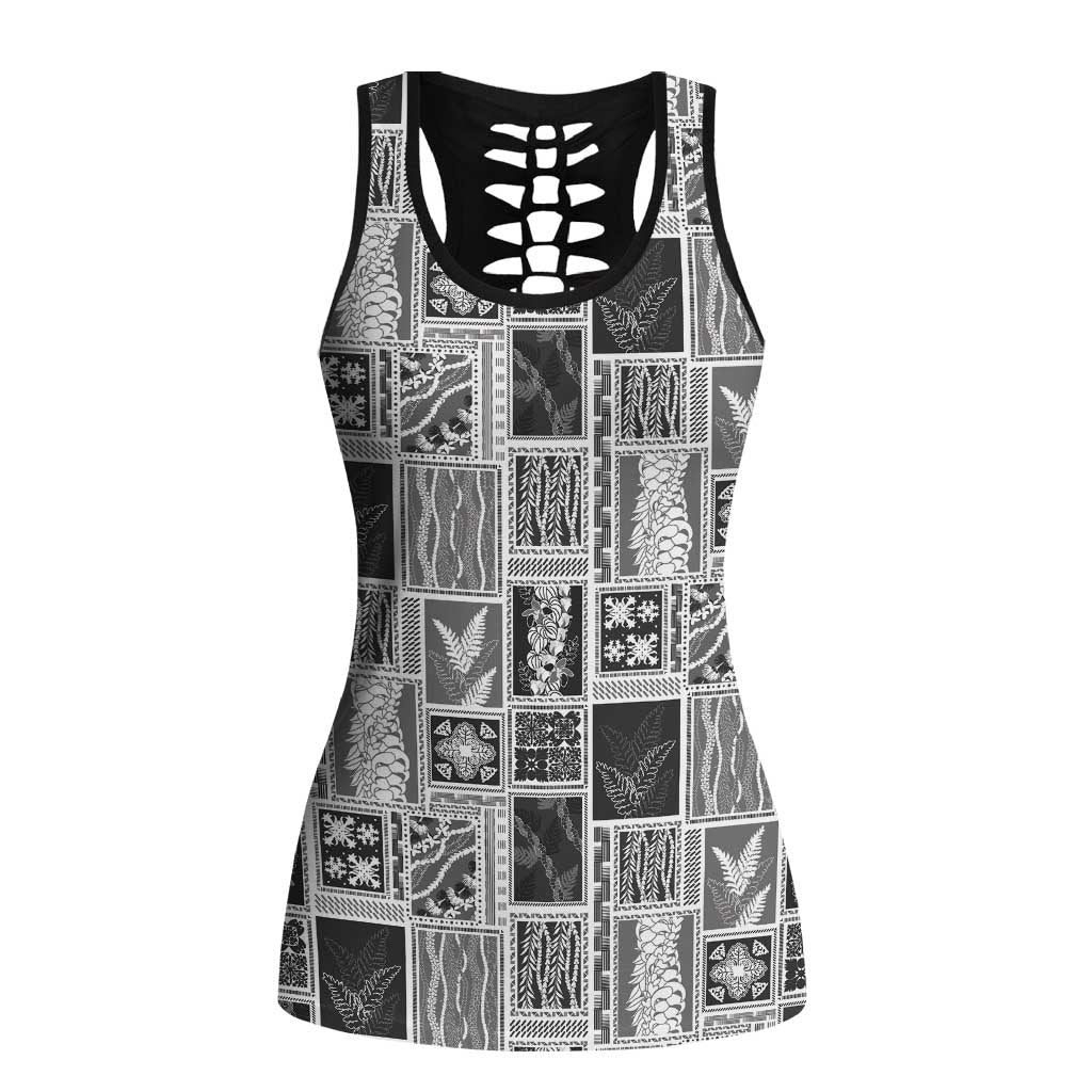Vintage Aloha Block Quilt Hollow Tank Top Black Inspired Lei Motifs LT9 Female Black - Polynesian Pride