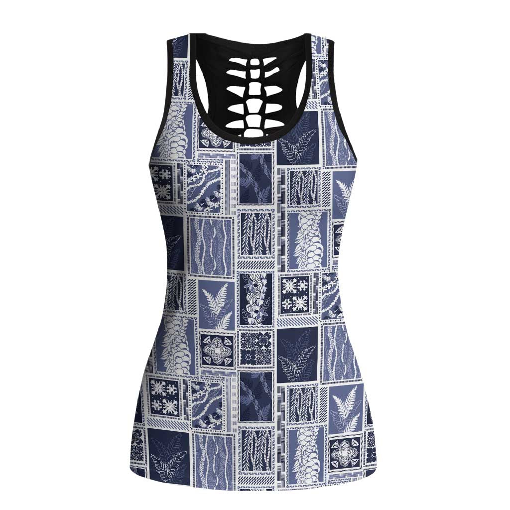 Vintage Aloha Block Quilt Hollow Tank Top Blue Inspired Lei Motifs LT9 Female Blue - Polynesian Pride