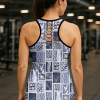 Vintage Aloha Block Quilt Hollow Tank Top Blue Inspired Lei Motifs - Polynesian Pride