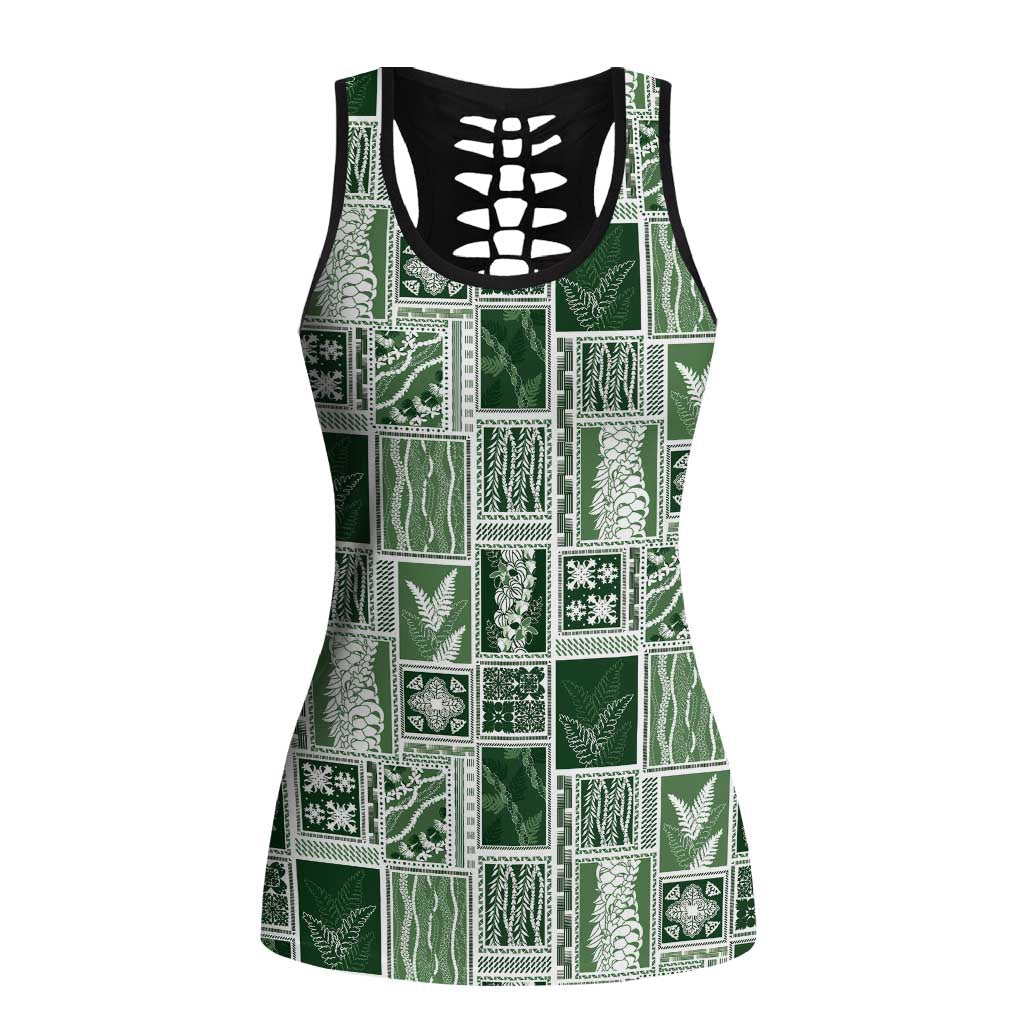 Vintage Aloha Block Quilt Hollow Tank Top Green Inspired Lei Motifs LT9 Female Green - Polynesian Pride
