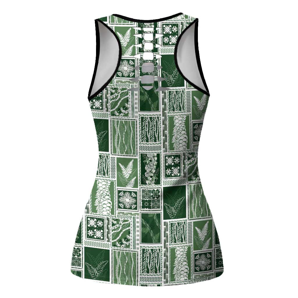 Vintage Aloha Block Quilt Hollow Tank Top Green Inspired Lei Motifs - Polynesian Pride