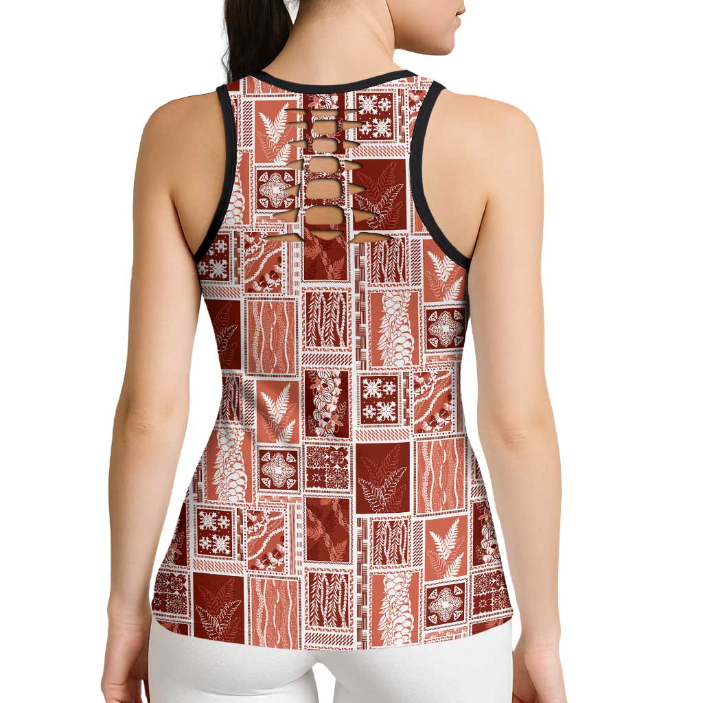Vintage Aloha Block Quilt Hollow Tank Top Red Inspired Lei Motifs - Polynesian Pride