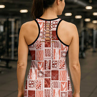 Vintage Aloha Block Quilt Hollow Tank Top Red Inspired Lei Motifs - Polynesian Pride