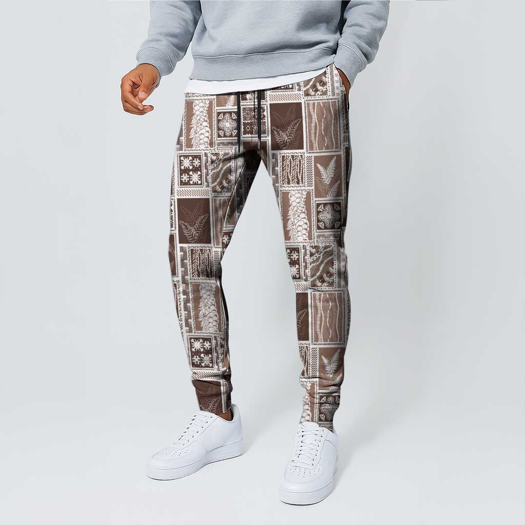 Vintage Aloha Block Quilt Jogger Pants Beige Inspired Lei Motifs - Polynesian Pride