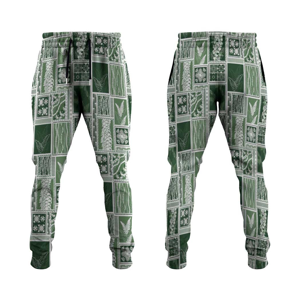 Vintage Aloha Block Quilt Jogger Pants Green Inspired Lei Motifs - Polynesian Pride
