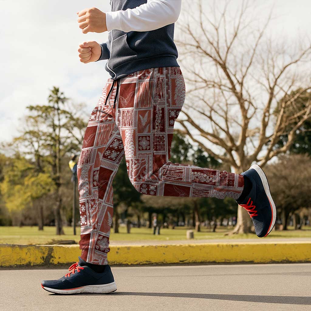 Vintage Aloha Block Quilt Jogger Pants Red Inspired Lei Motifs - Polynesian Pride