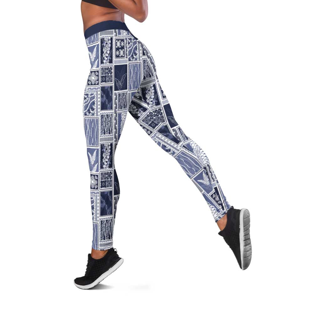 Vintage Aloha Block Quilt Leggings Blue Inspired Lei Motifs - Polynesian Pride