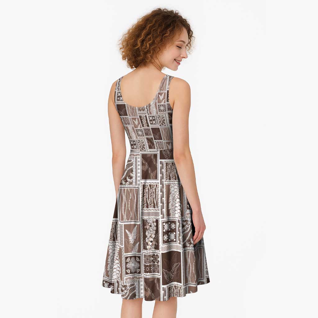 Vintage Aloha Block Quilt Midi Dress Beige Inspired Lei Motifs - Polynesian Pride