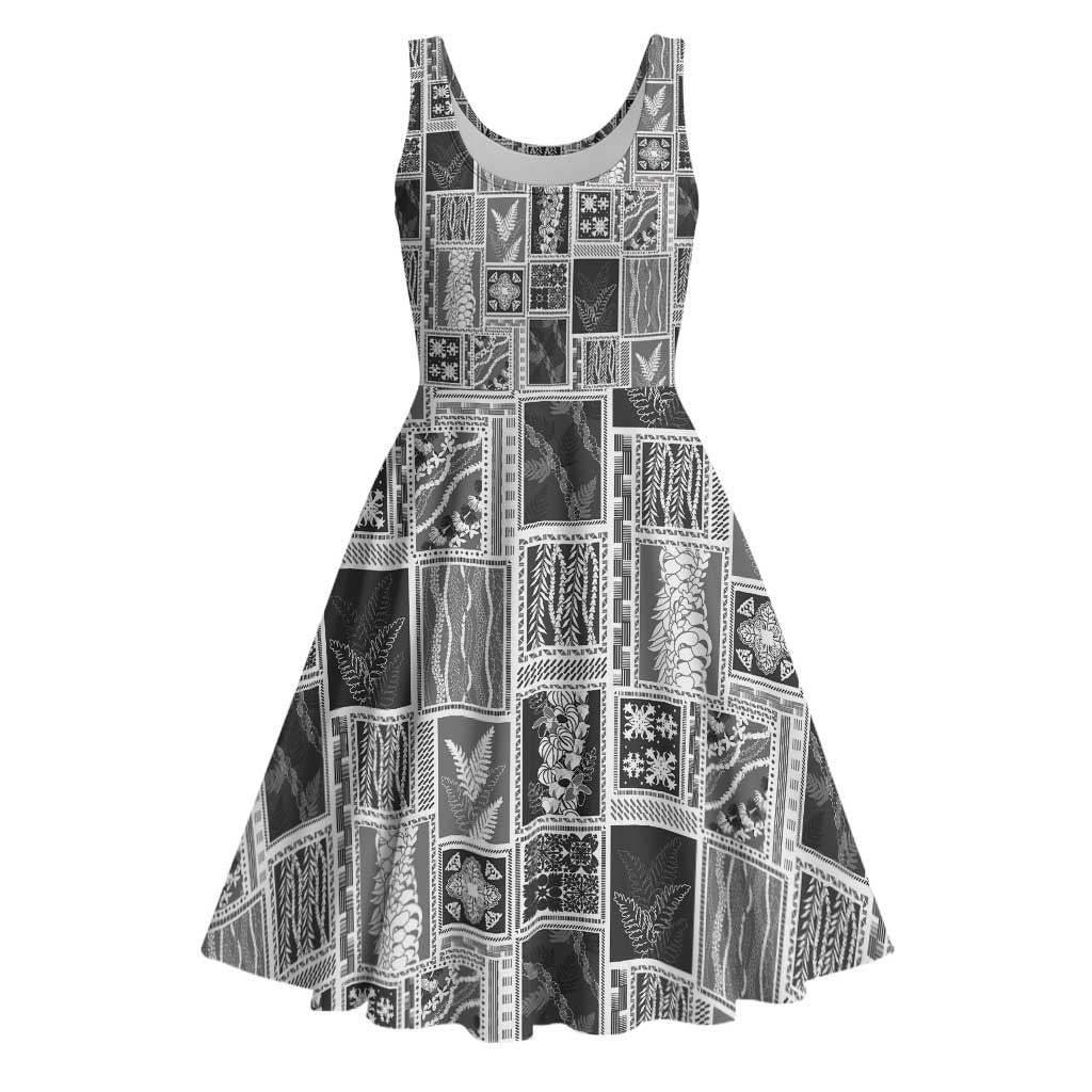 Vintage Aloha Block Quilt Midi Dress Black Inspired Lei Motifs - Polynesian Pride