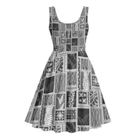 Vintage Aloha Block Quilt Midi Dress Black Inspired Lei Motifs - Polynesian Pride