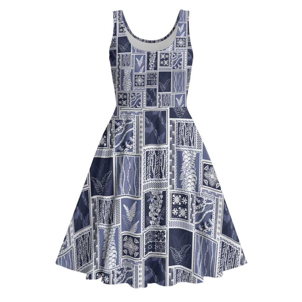 Vintage Aloha Block Quilt Midi Dress Blue Inspired Lei Motifs - Polynesian Pride