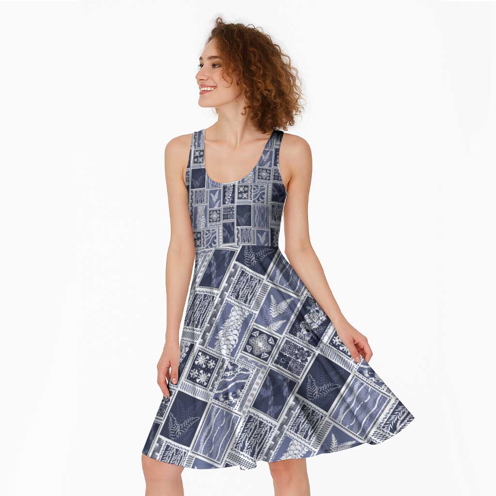 Vintage Aloha Block Quilt Midi Dress Blue Inspired Lei Motifs - Polynesian Pride