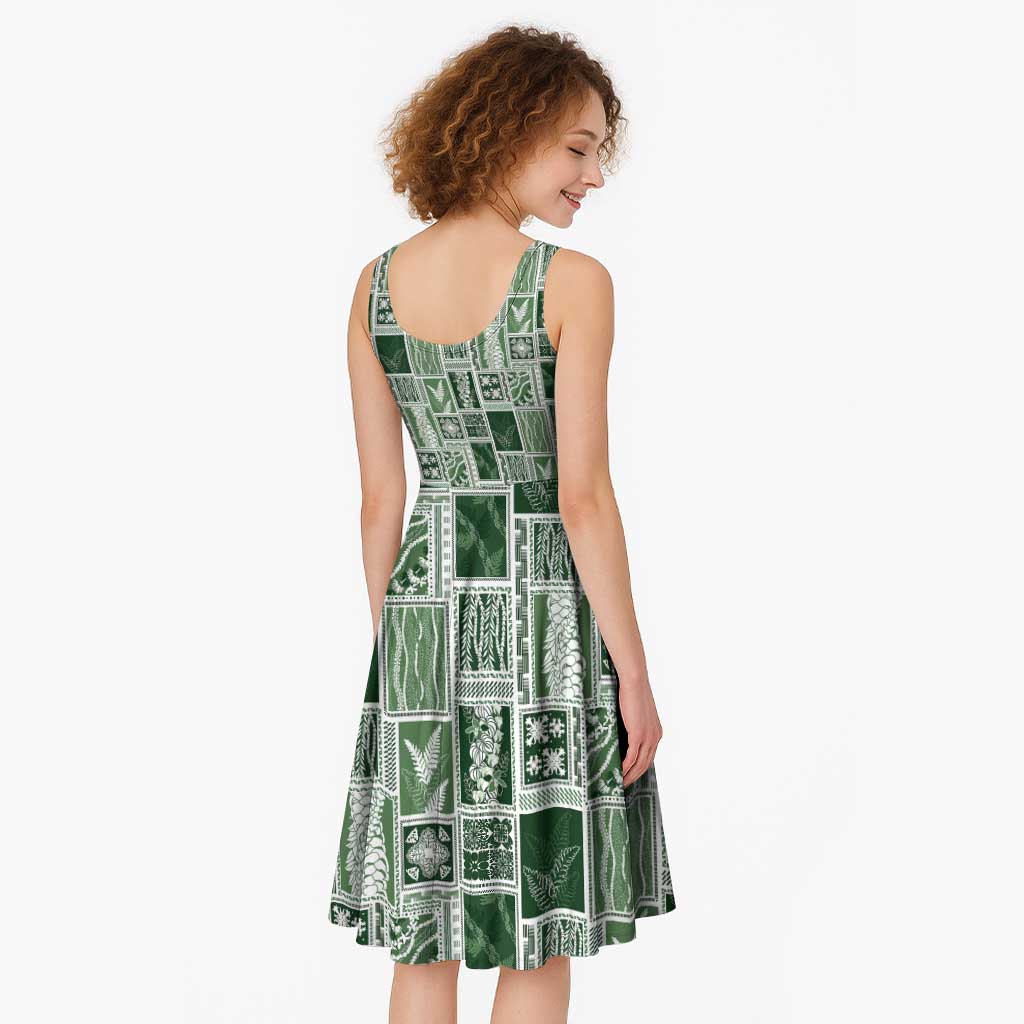 Vintage Aloha Block Quilt Midi Dress Green Inspired Lei Motifs - Polynesian Pride