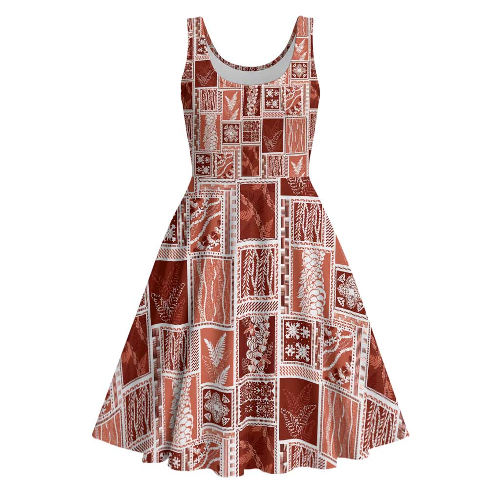 Vintage Aloha Block Quilt Midi Dress Red Inspired Lei Motifs - Polynesian Pride