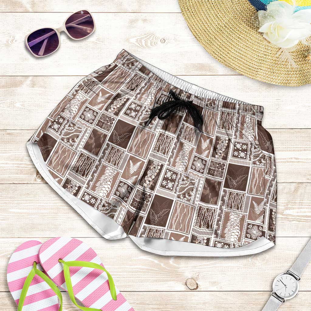 Vintage Aloha Block Quilt Shorts for Women Beige Inspired Lei Motifs - Polynesian Pride