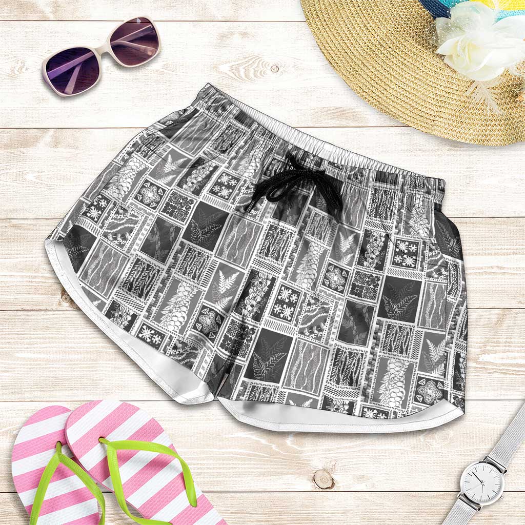 Vintage Aloha Block Quilt Shorts for Women Black Inspired Lei Motifs - Polynesian Pride