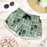 Vintage Aloha Block Quilt Shorts for Women Green Inspired Lei Motifs - Polynesian Pride