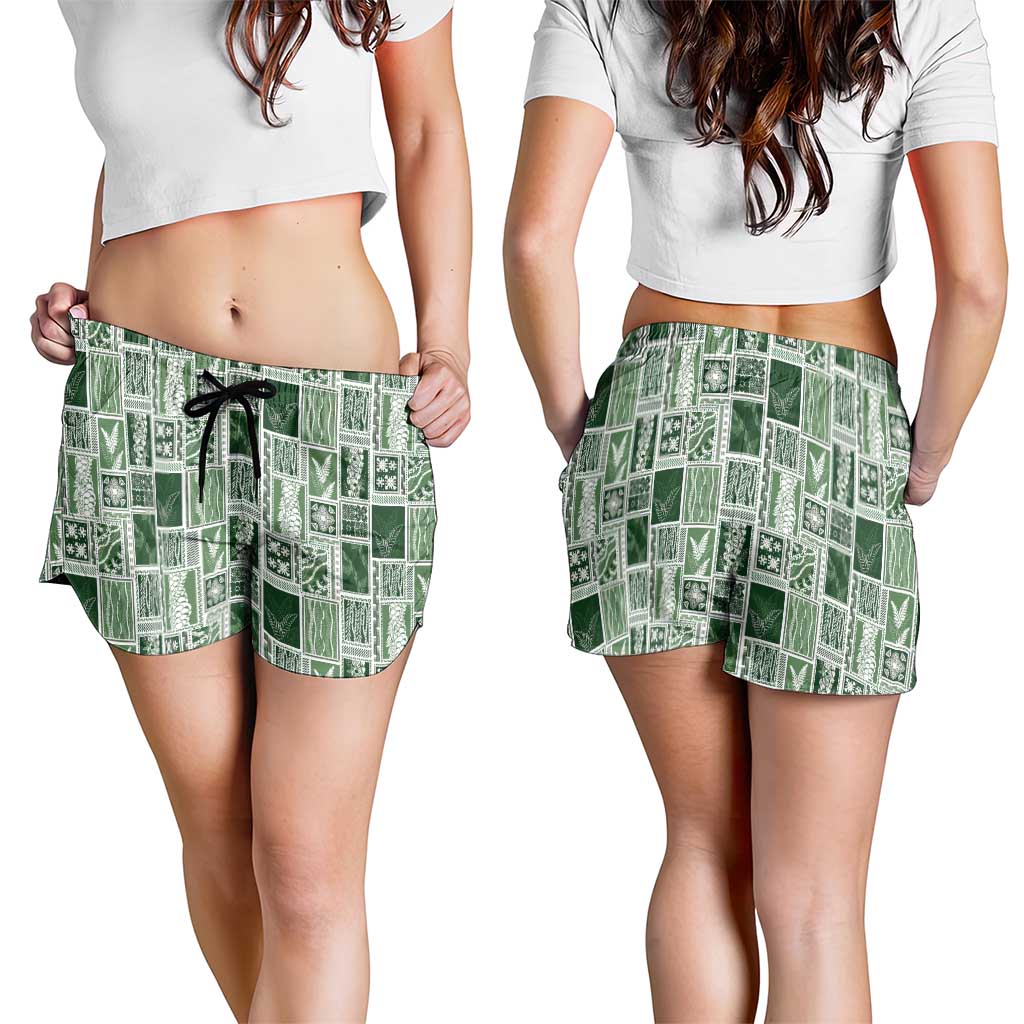 Vintage Aloha Block Quilt Shorts for Women Green Inspired Lei Motifs - Polynesian Pride