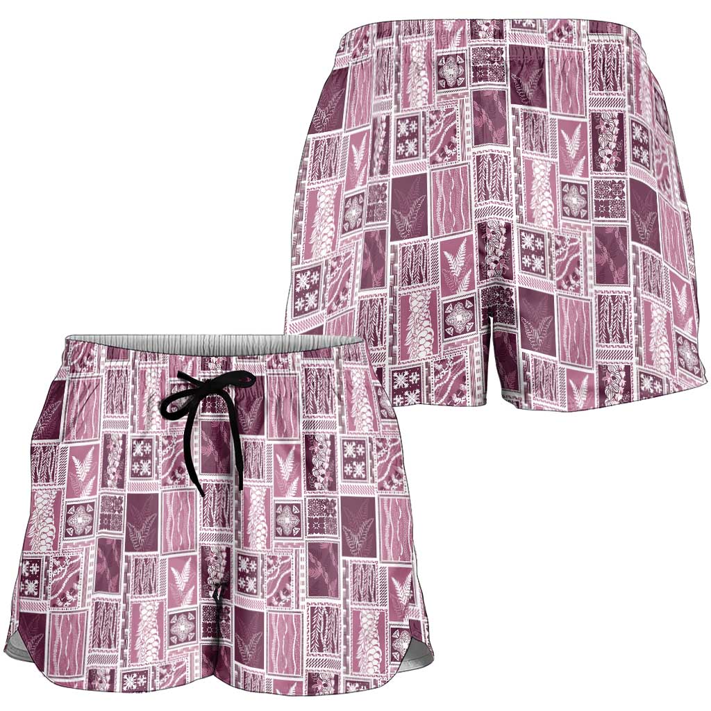 Vintage Aloha Block Quilt Shorts for Women Pink Inspired Lei Motifs LT9 - Polynesian Pride