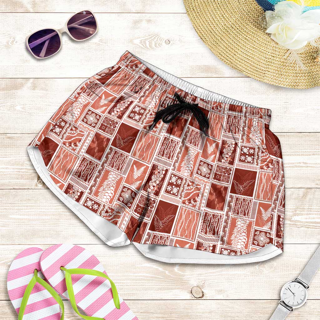 Vintage Aloha Block Quilt Shorts for Women Red Inspired Lei Motifs - Polynesian Pride