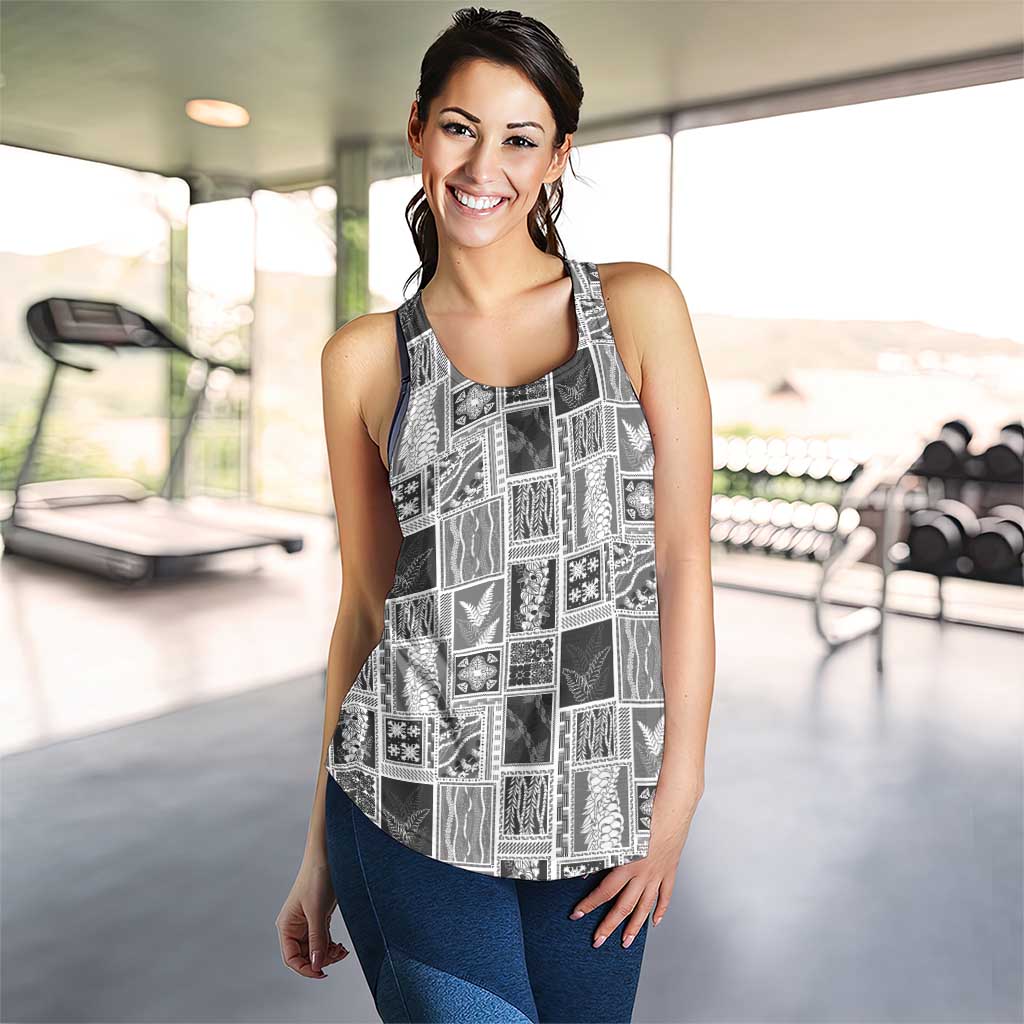 Vintage Aloha Block Quilt Women Racerback Tank Black Inspired Lei Motifs - Polynesian Pride
