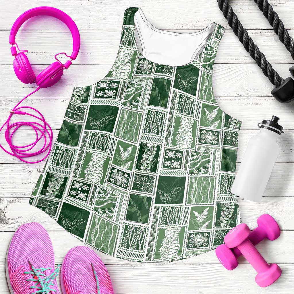 Vintage Aloha Block Quilt Women Racerback Tank Green Inspired Lei Motifs - Polynesian Pride