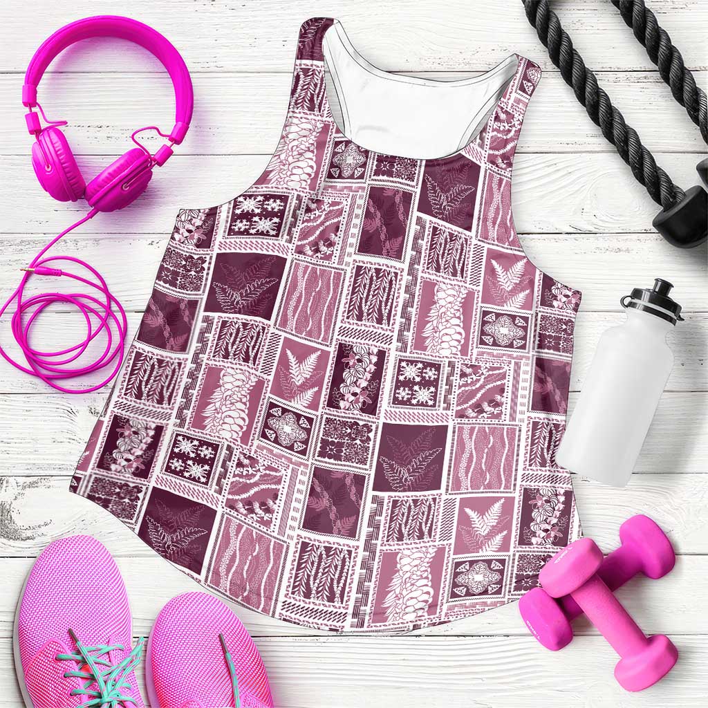 Vintage Aloha Block Quilt Women Racerback Tank Pink Inspired Lei Motifs - Polynesian Pride