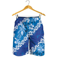 Vintage Blue Polynesia Shorts for Men Plumeria With Hibiscus Tropical Vibes - Polynesian Pride