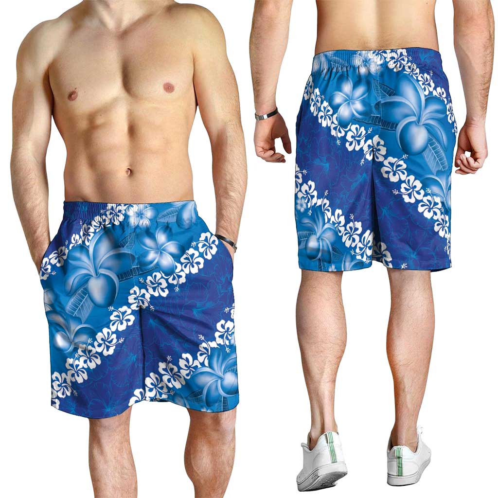 Vintage Blue Polynesia Shorts for Men Plumeria With Hibiscus Tropical Vibes - Polynesian Pride