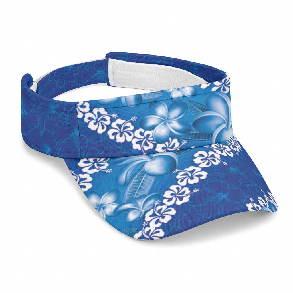Vintage Blue Polynesia Sun Visor Cap Plumeria With Hibiscus Tropical Vibes