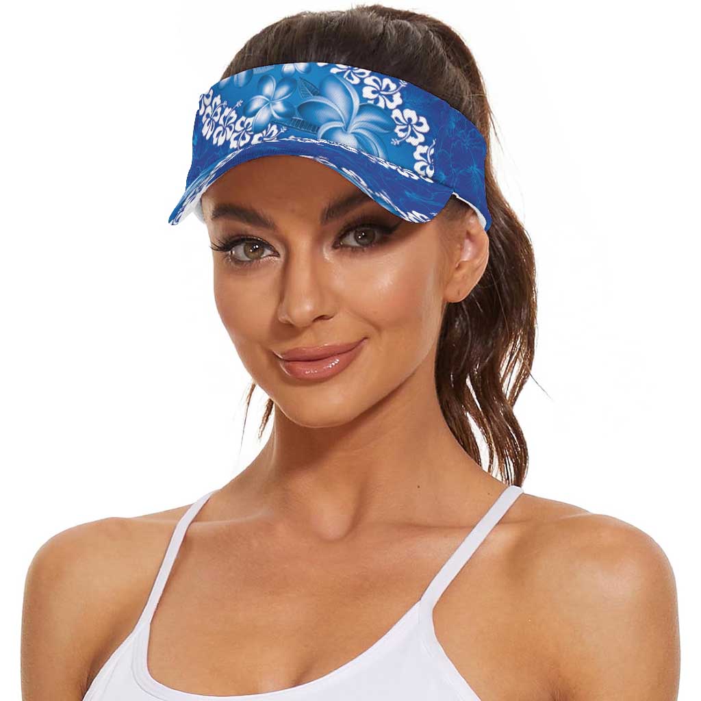 Vintage Blue Polynesia Sun Visor Cap Plumeria With Hibiscus Tropical Vibes