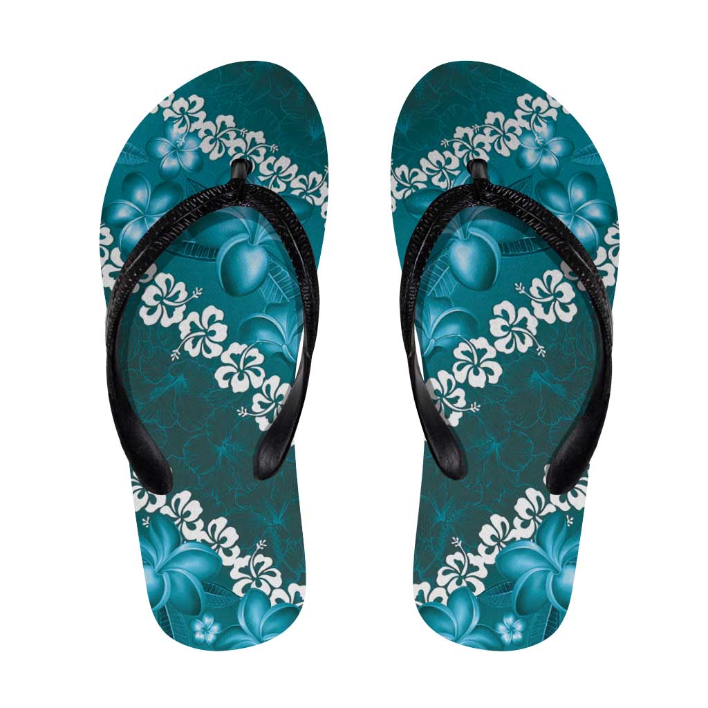 Vintage Dark Cyan Polynesia Flip Flops Plumeria Hibiscus Tropical Vibes - Polynesian Pride