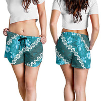 Vintage Dark Cyan Polynesia Shorts for Women Plumeria With Hibiscus Tropical Vibes LT14 - Polynesian Pride