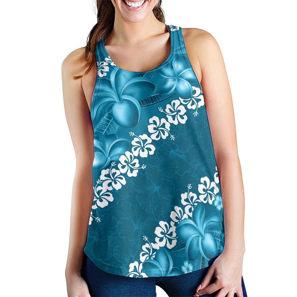 Vintage Dark Cyan Polynesia Women Racerback Tank Plumeria With Hibiscus Tropical Vibes - Polynesian Pride