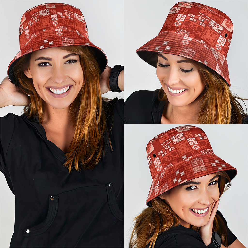 Vintage Hawaiian Quilting Patterns Bucket Hat Red Style Tribal Fabric Patchwork - Polynesian Pride